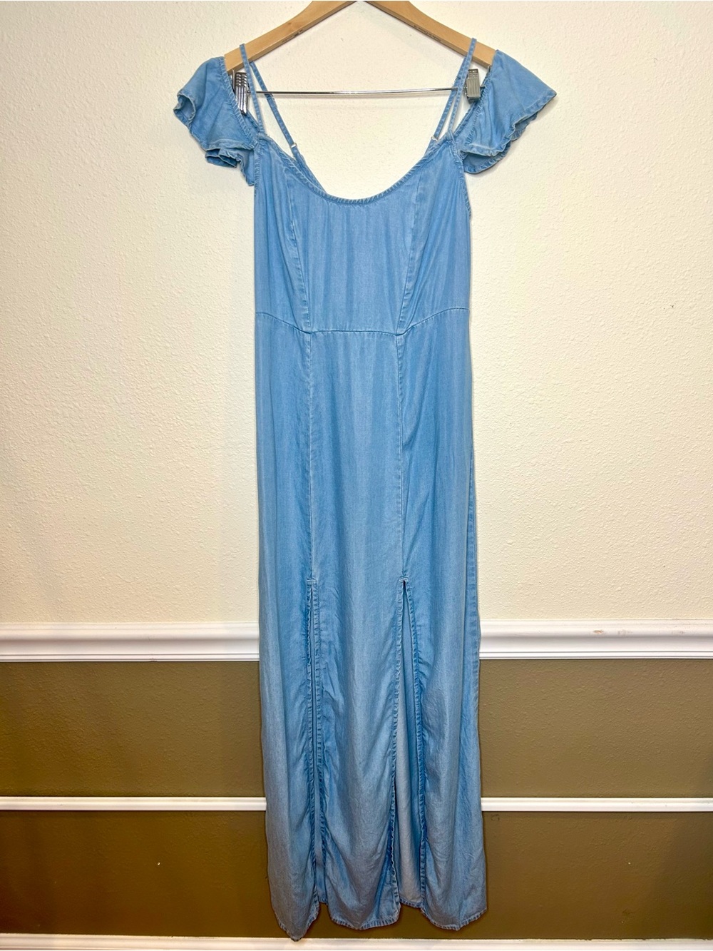 Guess Chambray Cold Shoulder Double Slit Maxi Dress S